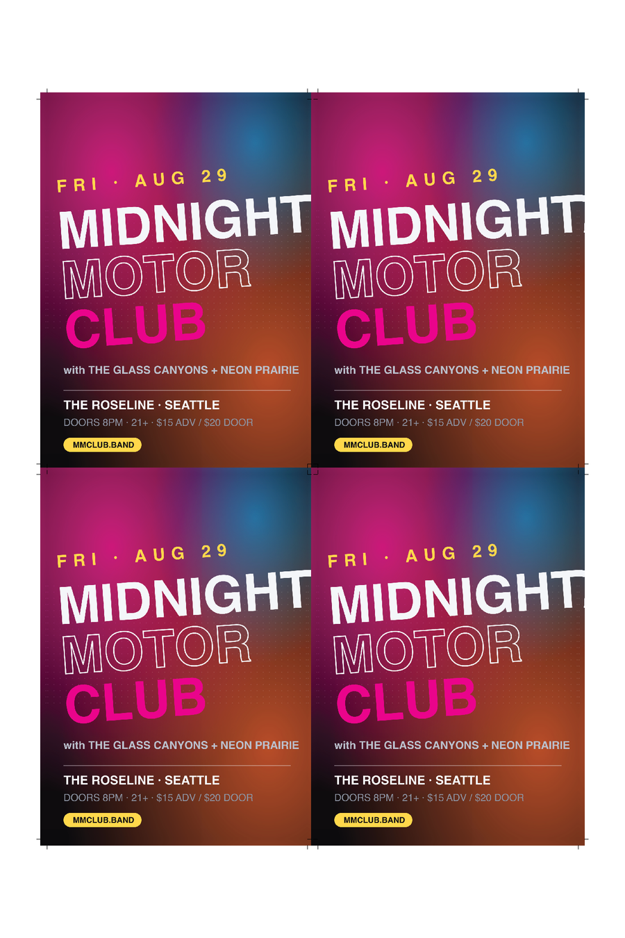 5×7 show flyers imposed 4-up front and back on a 12×18 sheet