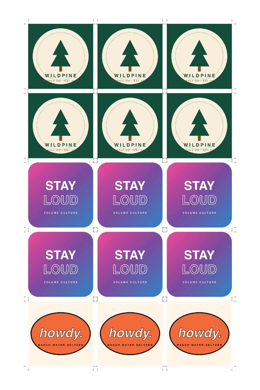 Sixteen different sticker designs ganged onto one 12×18 sheet with crop marks